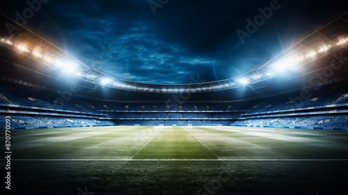 Soccer stadium with spotlight on green field for championship match under the night sky © sorin