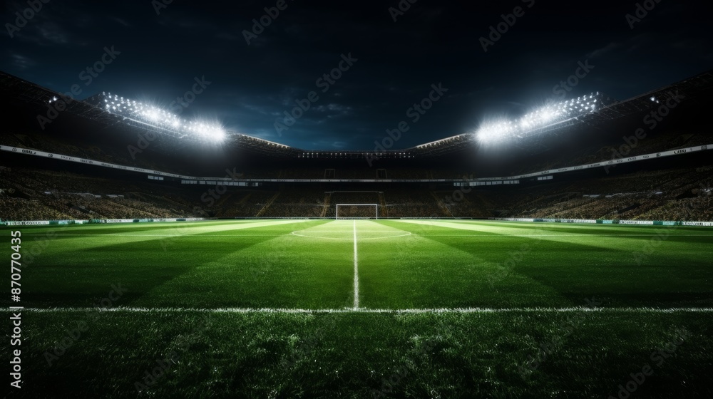 Fototapeta premium Soccer stadium arena illuminated for match with spotlights on green field background