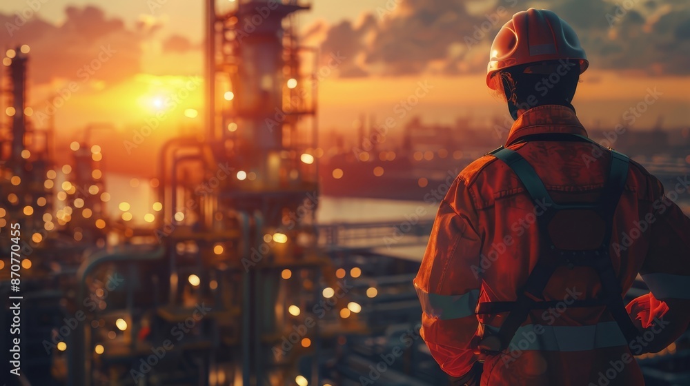 Industrial Worker Contemplating a Sunset - A worker in an orange jumpsuit and hard hat stands in front of a blurry industrial background at sunset, gazing into the distance. - A worker in an orange ju Industrial Worker Contemplating a Sunset - A worker in an orange jumpsuit and hard hat stands in front of a blurry industrial background at sunset, gazing into the distance. - A worker in an orange ju