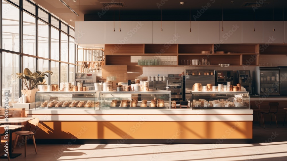 Sleek minimalist cafe interior with warm tones and ivory white round corner counter Sleek minimalist cafe interior with warm tones and ivory white round corner counter