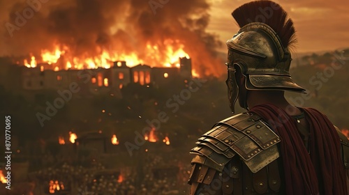 Roman solider watching burning building 