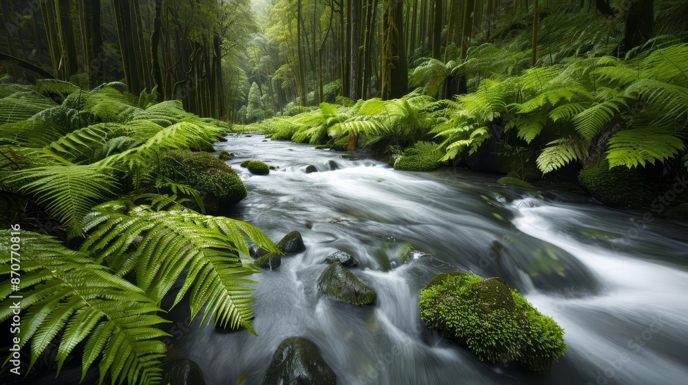 Lush green rainforest with a flowing stream, natural background Lush green rainforest with a flowing stream, natural background