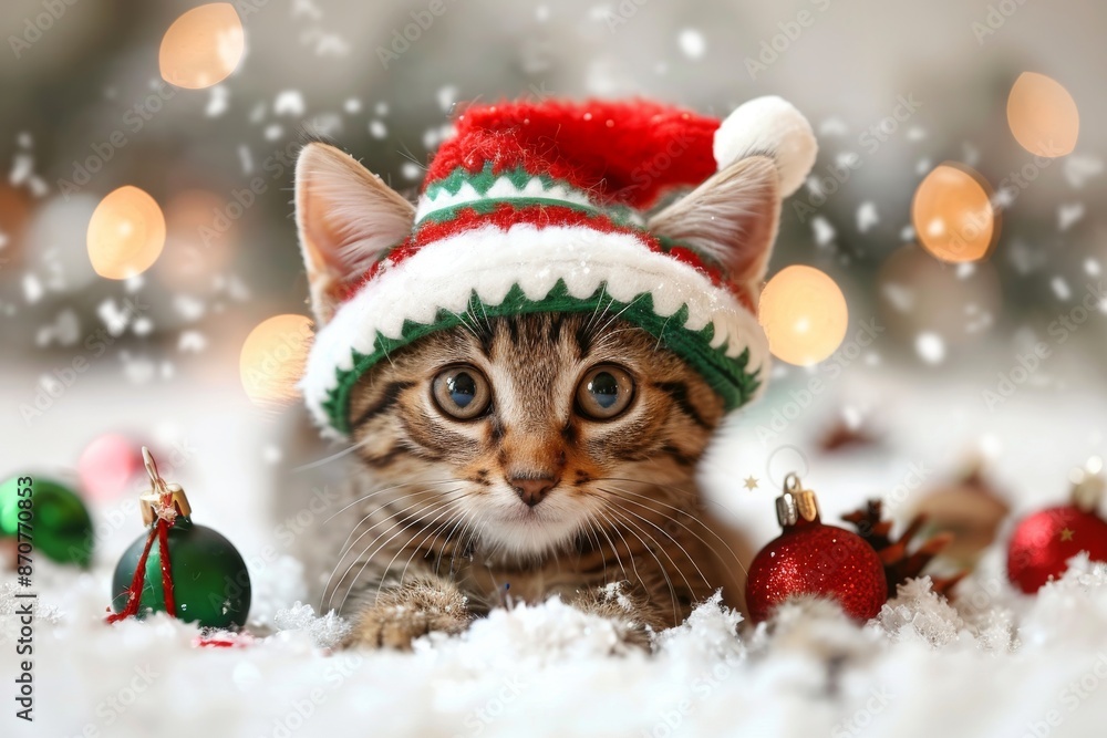 Tabby Kitten Wearing Santa Hat In Snow Tabby Kitten Wearing Santa Hat In Snow