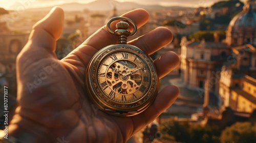 3D render of an antique pocket watch with a Roman cityscape in the background A hand is holding the watch facing upwards towards the camera in a hyper realistic style