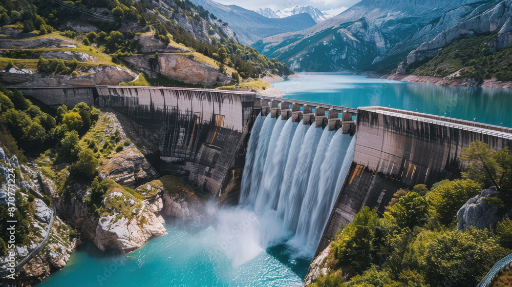 A hydroelectric dam with water flowing through turbines, creating renewable electricity in a beautiful natural setting A hydroelectric dam with water flowing through turbines, creating renewable electricity in a beautiful natural setting