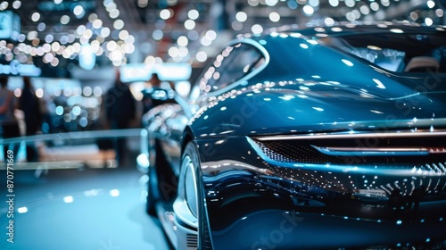 A close-up view of a sleek, modern car displayed at a bustling trade show, showcasing the latest advancements in the automot photo