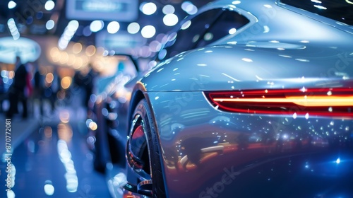 A close-up view of a sleek, modern car displayed at a bustling trade show, showcasing the latest advancements in the automot photo