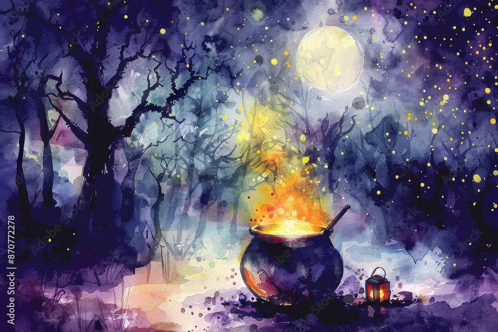 Mystical Forest Night with Cauldron and Full Moon - A magical ...