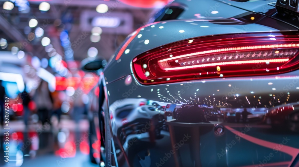 A close-up view of a sleek, modern car displayed at a bustling trade show, showcasing the latest advancements in the automot A close-up view of a sleek, modern car displayed at a bustling trade show, showcasing the latest advancements in the automot