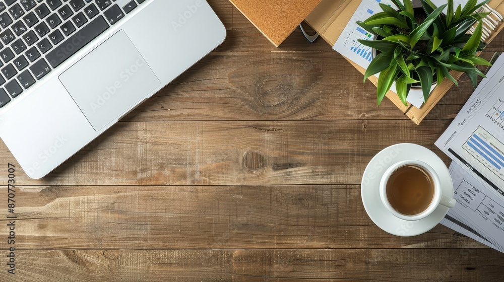 Office Workspace with Laptop, Coffee and Documents - A top-down view of a wooden desk with a laptop, a cup of coffee, documents, and a potted plant. - A top-down view of a wooden desk with a laptop, a Office Workspace with Laptop, Coffee and Documents - A top-down view of a wooden desk with a laptop, a cup of coffee, documents, and a potted plant. - A top-down view of a wooden desk with a laptop, a