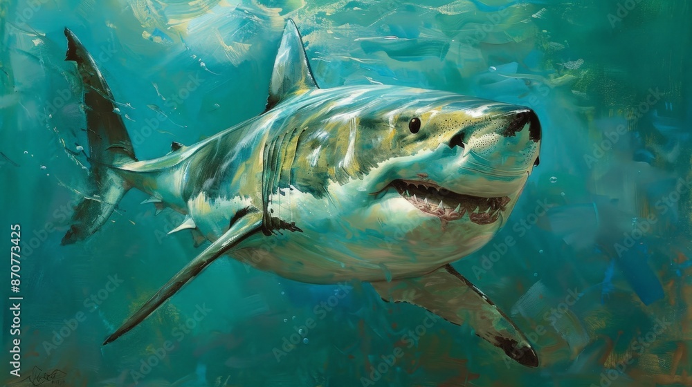 Obraz premium The great white shark patrols the ocean depths, its powerful body and keen senses making it a top predator in the marine world.