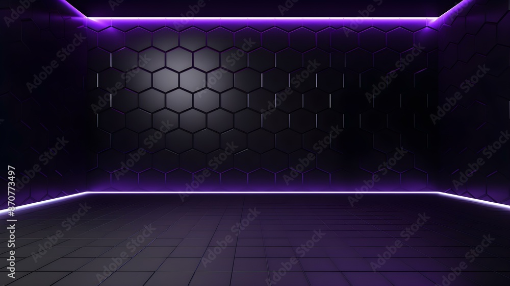 Modern dark purple geometric Interior with Neon Lighting. Empty Room for Product Presentation Modern dark purple geometric Interior with Neon Lighting. Empty Room for Product Presentation