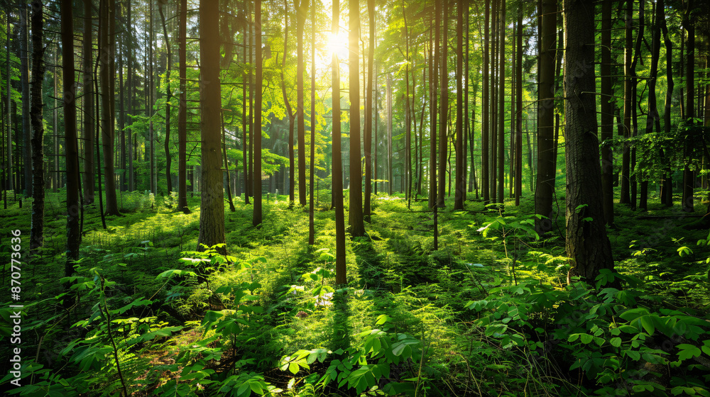 Sunlight streaming through dense forest trees, casting long shadows on lush green foliage, creating a serene and vibrant natural scene. Sunlight streaming through dense forest trees, casting long shadows on lush green foliage, creating a serene and vibrant natural scene.