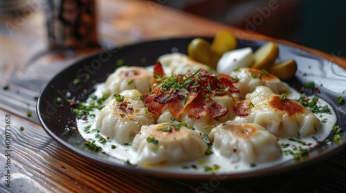 Wallpaper Mural Delicious cepelinai dumplings topped with crispy bacon and creamy sour cream, with pickles on the side Torontodigital.ca