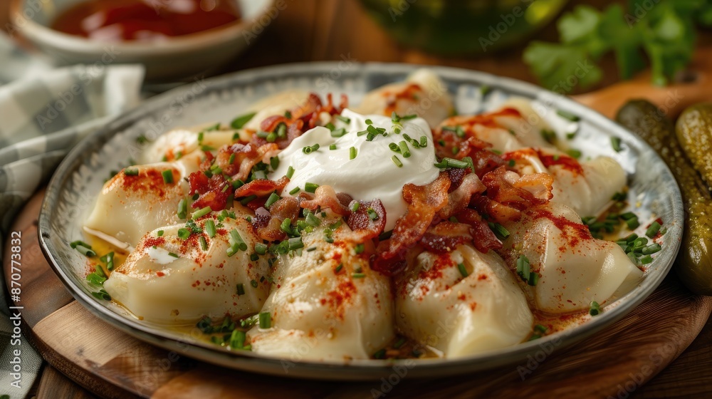 Delicious cepelinai dumplings topped with crispy bacon and creamy sour cream, with pickles on the side Delicious cepelinai dumplings topped with crispy bacon and creamy sour cream, with pickles on the side