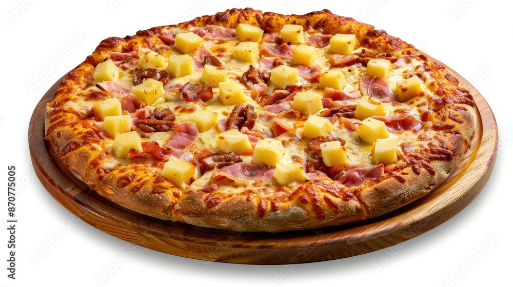 Classic Hawaiian pizza on a wooden plate, isolated on white background Classic Hawaiian pizza on a wooden plate, isolated on white background