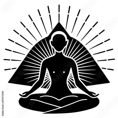 A woman in front of a pyramid sits in a lotus position, showing balance