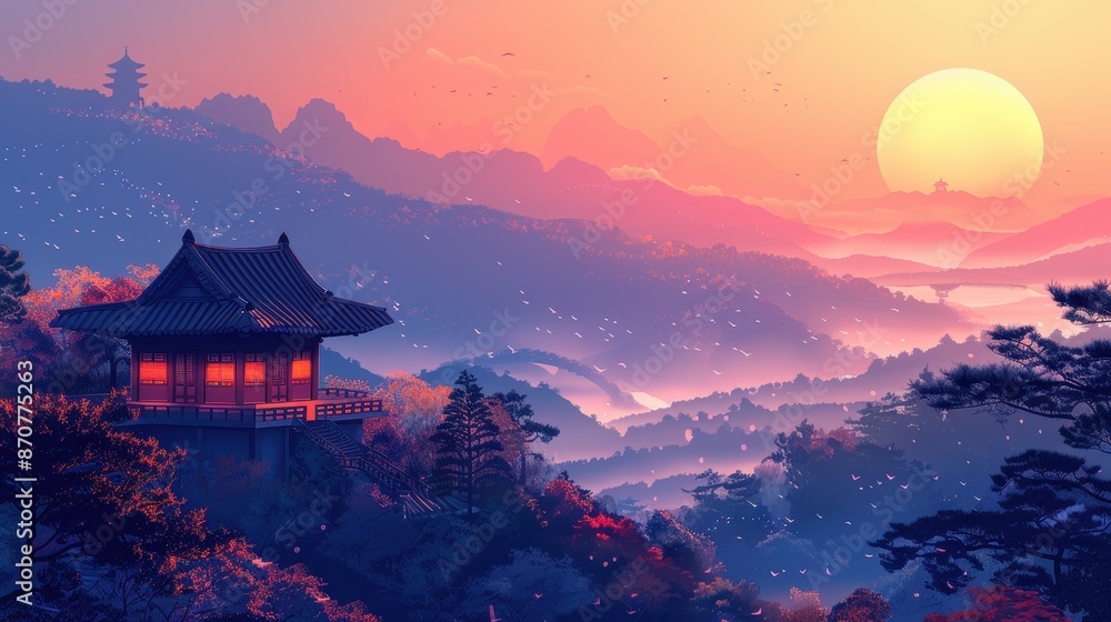 Tranquil Sunset over Japanese Mountain Landscape Tranquil Sunset over Japanese Mountain Landscape