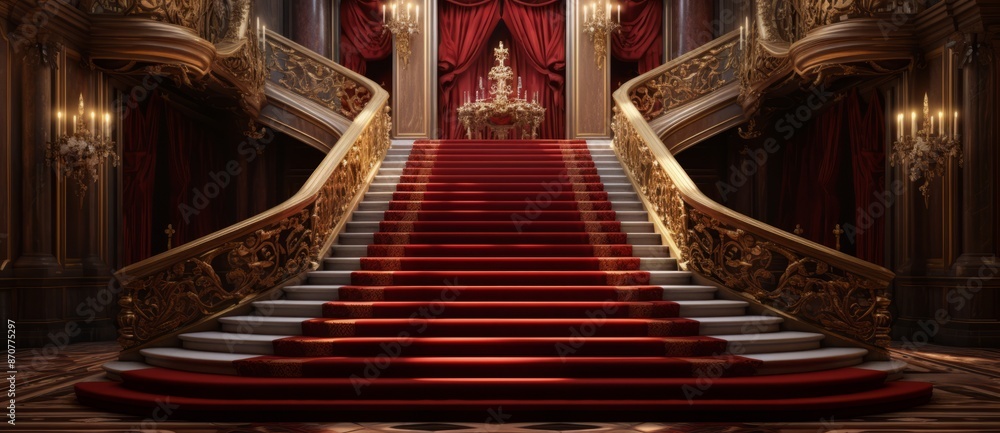 Obraz premium A majestic red carpet staircase leading up to a throne, symbolizing luxury, power, and grandeur.