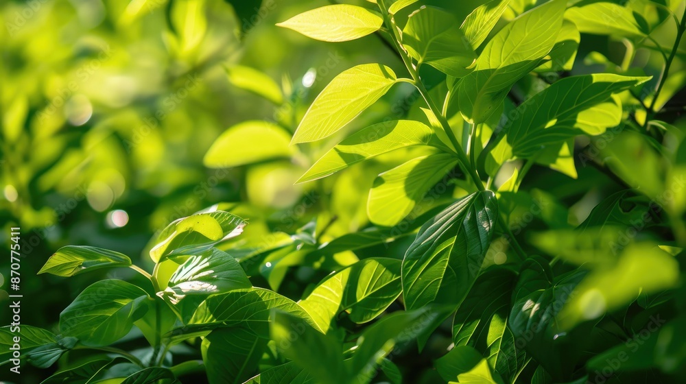 Close-up of vibrant green foliage under the warm sun, showcasing the beauty of nature in summer Close-up of vibrant green foliage under the warm sun, showcasing the beauty of nature in summer