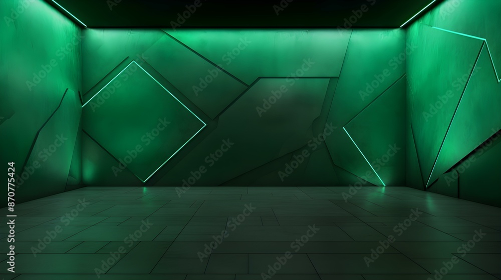 Fototapeta premium Modern emerald geometric Interior with Neon Lighting. Empty Room for Product Presentation