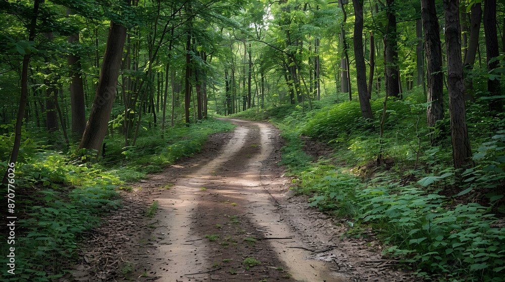 Naklejka premium Forest Path Leading Through Lush Green Trees
