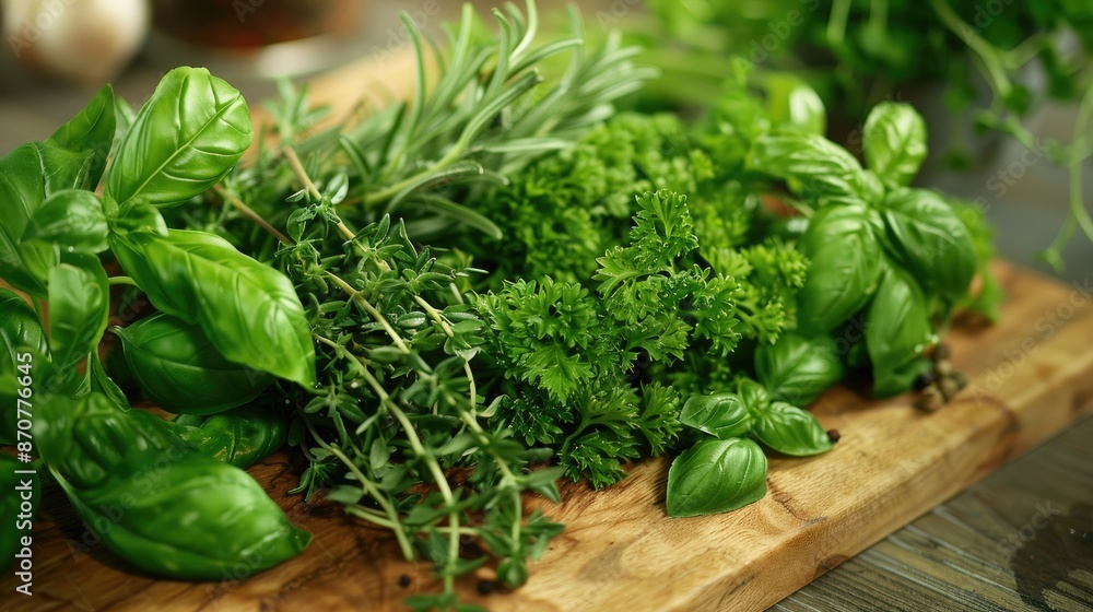 A collection of freshly picked herbs like basil, parsley, and rosemary on a wooden cutting board, ready for cooking A collection of freshly picked herbs like basil, parsley, and rosemary on a wooden cutting board, ready for cooking