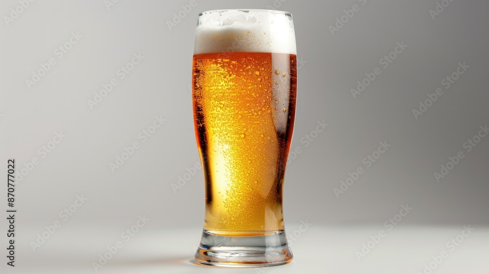 A frothy glass of light lager beer with a golden hue, isolated on a grey background, showcasing its crisp and refreshing nature A frothy glass of light lager beer with a golden hue, isolated on a grey background, showcasing its crisp and refreshing nature