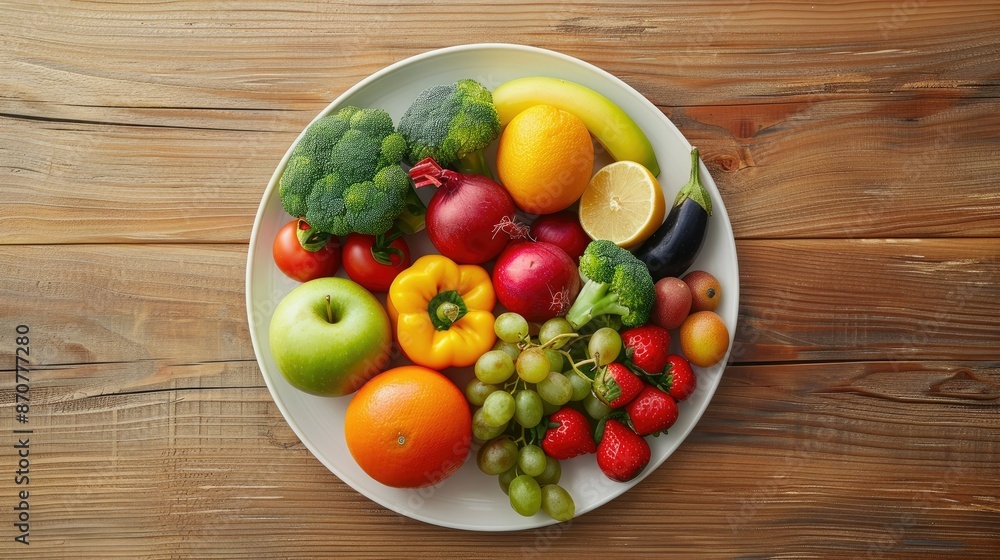 A healthy plate of mixed vegetables and fruits on a wooden table, ideal for a balanced diet, top view A healthy plate of mixed vegetables and fruits on a wooden table, ideal for a balanced diet, top view