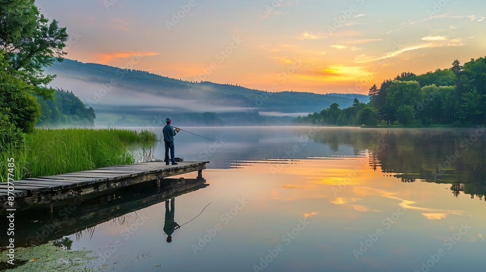 A lone fisherman casts his line from a wooden pier as the sun rises over a misty lake, creating a serene and tranquil scene.
A lone fisherman casts his line from a wooden pier as the sun rises over a misty lake, creating a serene and tranquil scene.