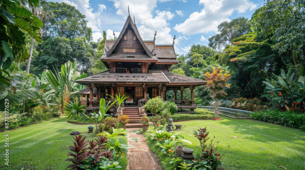 A traditional Lanna-style house surrounded by gardens and greenery, showcasing the unique architecture of northern Thailand A traditional Lanna-style house surrounded by gardens and greenery, showcasing the unique architecture of northern Thailand