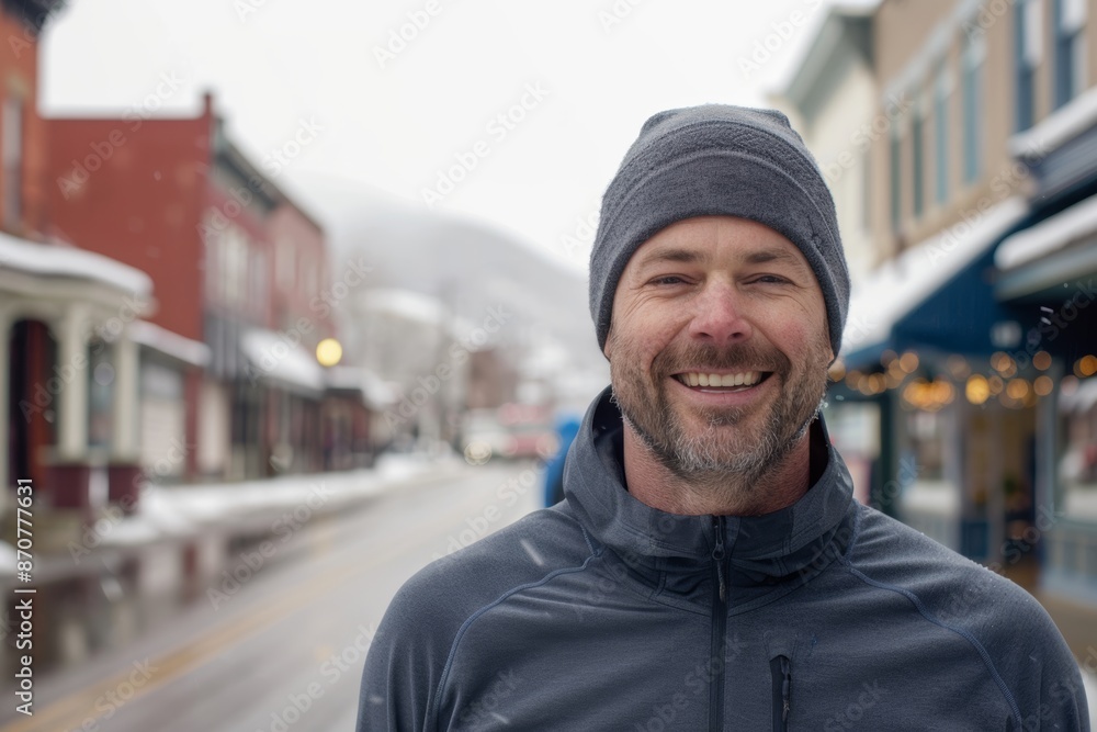 Portrait of a grinning man in his 30s showing off a lightweight base layer isolated in charming small town main street Portrait of a grinning man in his 30s showing off a lightweight base layer isolated in charming small town main street
