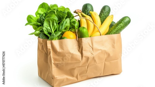 A kraft paper bag brimming with assorted fresh produce like bananas, spinach, and cucumbers on a white background