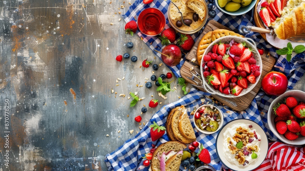 Summer Picnic Feast: A Colorful Spread of Fruits, Sandwiches, and Treats - A vibrant picnic spread featuring fresh strawberries, blueberries, apples, sandwiches, and a creamy dessert. - A vibrant picn Summer Picnic Feast: A Colorful Spread of Fruits, Sandwiches, and Treats - A vibrant picnic spread featuring fresh strawberries, blueberries, apples, sandwiches, and a creamy dessert. - A vibrant picn