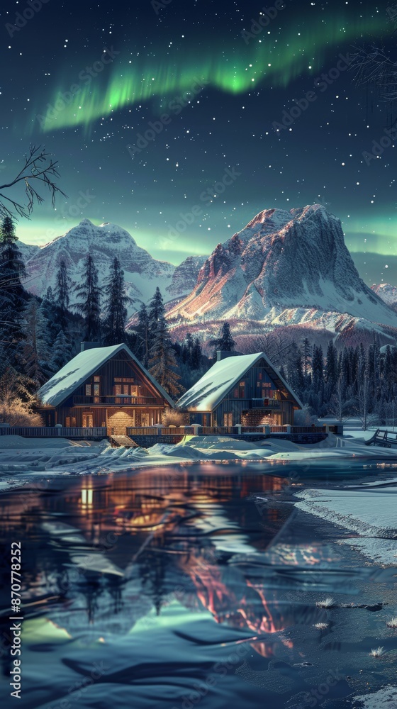 Fototapeta premium Snowy log cabins with view of mountains and northern lights reflection in river, night peaceful winter scene