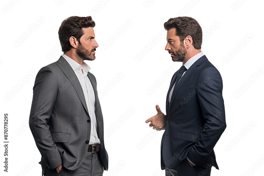 Two businessmen look serious and focused and are discussing important matters. Talking and exchanging opinions on a white background Two businessmen look serious and focused and are discussing important matters. Talking and exchanging opinions on a white background