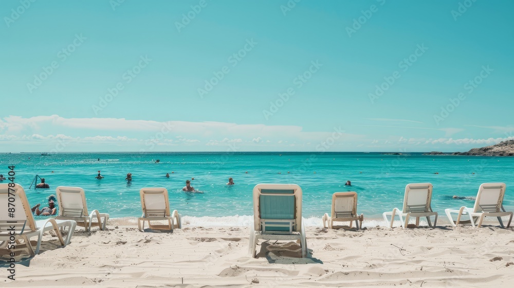A vibrant beach scene featuring sun loungers and people swimming, perfect for advertising summer vacations and tropical getaways. A vibrant beach scene featuring sun loungers and people swimming, perfect for advertising summer vacations and tropical getaways.