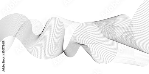 Abstract grey, white smooth element swoosh speed wave modern stream background. Wave with lines created using blend tool. Abstract frequency sound wave lines and twisted curve lines background.