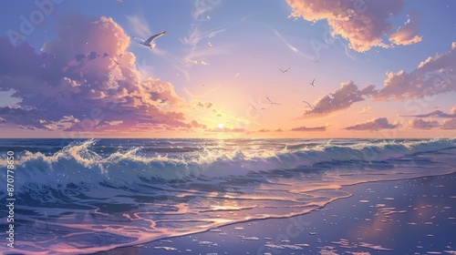 Detailed anime scene of a serene beach at sunrise, with gentle waves lapping the shore and seagulls flying overhead photo