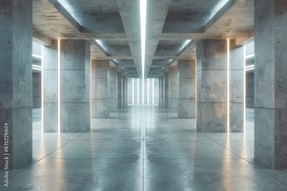 Naklejka premium Digital visualization of modern abstract building with cement columns and glowing roof