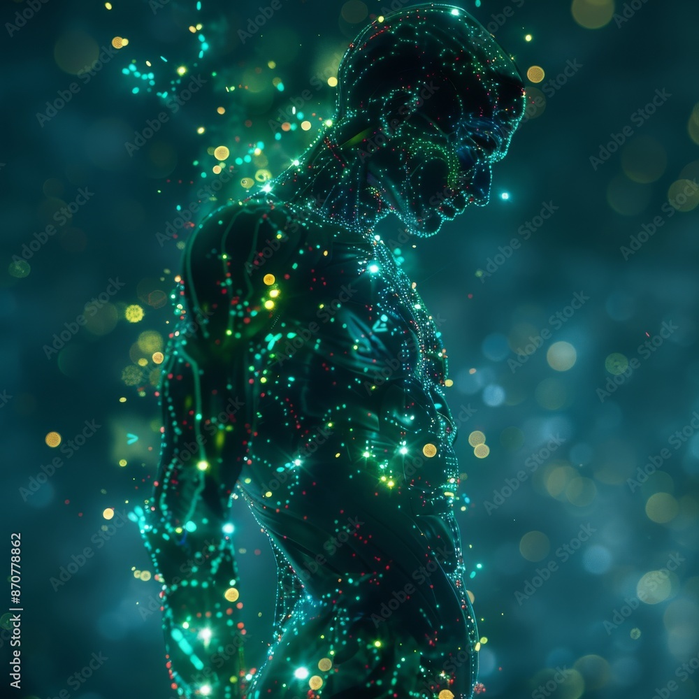 An abstract visualization of a human body with bioluminescent enhancements, showcasing the merging of biology and technology An abstract visualization of a human body with bioluminescent enhancements, showcasing the merging of biology and technology