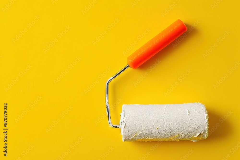 Fototapeta premium White paint roller and bright orange paintbrush set on vibrant yellow canvas - essential supplies for diy home renovation and interior styling