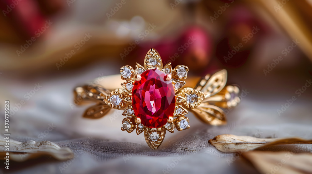 Fototapeta premium Stunning Gold Ring Featuring an Oval Ruby Surrounded by Diamonds