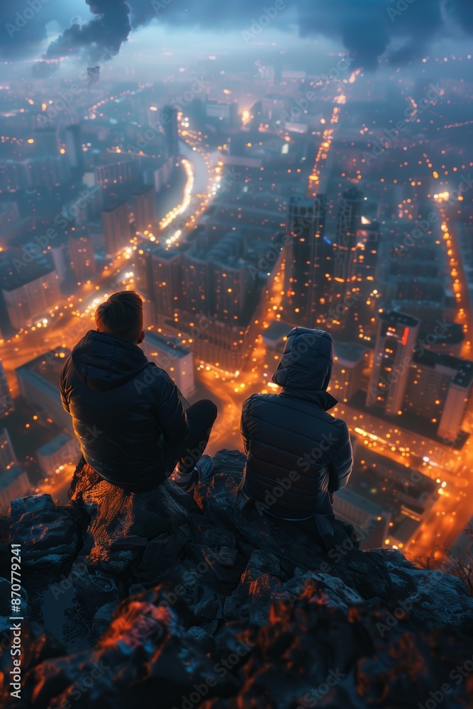 Fototapeta premium Two kids from the world of the future overlooking bright, sustainable, green futuristic city