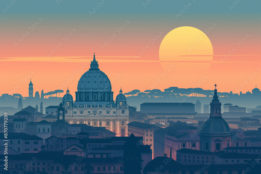 Fototapeta premium City Silhouette at Dusk, Roma Silhouette, Italy City, Classical European architecture, Sunset over the city