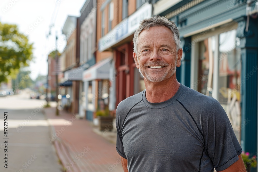 Portrait of a smiling caucasian man in his 50s wearing a moisture-wicking running shirt in front of charming small town main street Portrait of a smiling caucasian man in his 50s wearing a moisture-wicking running shirt in front of charming small town main street