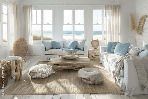 A modern living room with a coastal theme, including light blue and white decor, a driftwood coffee table, a jute rug, and windows offering a view of the beach. photo