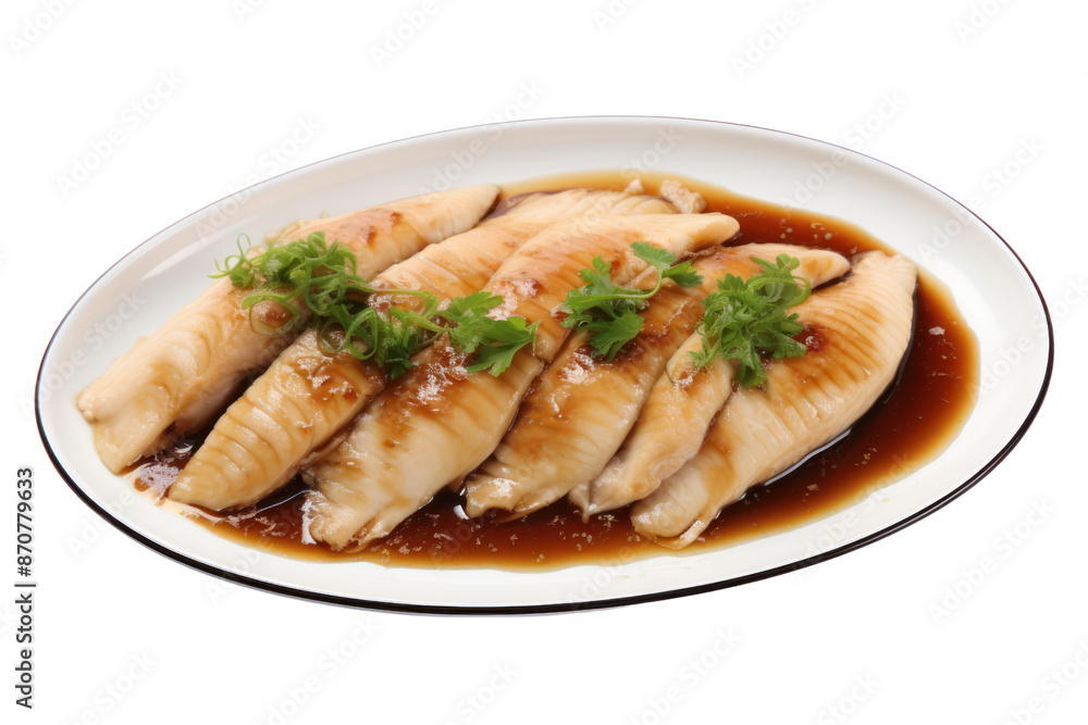 Steamed fish with soy sauce Isolated pieces on a white background Shows the fish's soft white flesh. Soy sauce that clearly absorbs into the meat, isolated on a white background