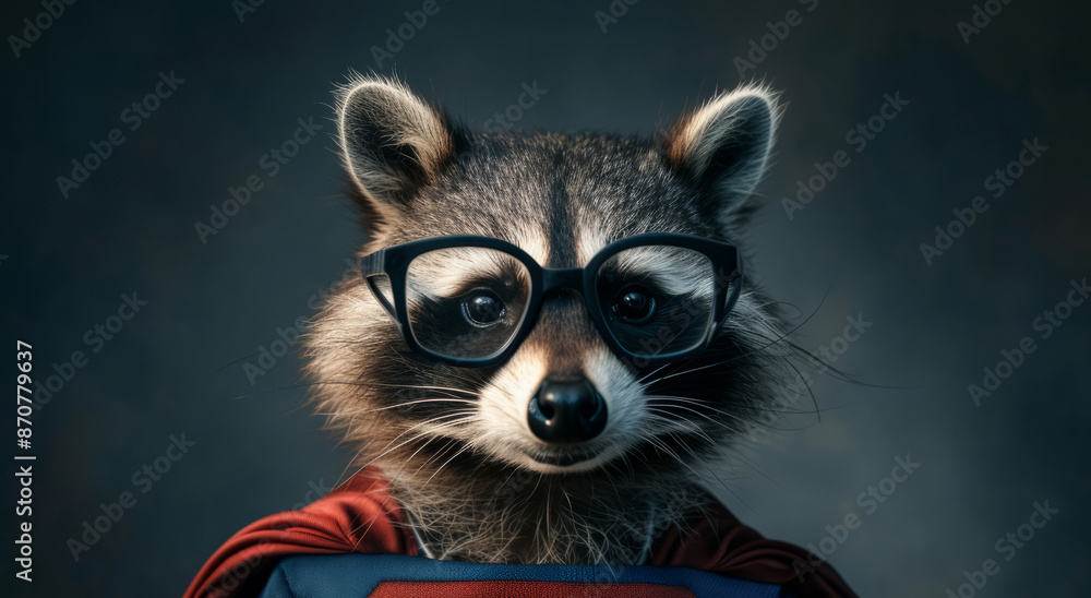 Obraz premium Close up portrait of a raccoon in a superman costume wearing glasses. Funny character for your game or story 