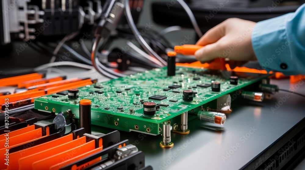 Precision automated soldering machine on pcb board with electronic components in tech manufacturing Precision automated soldering machine on pcb board with electronic components in tech manufacturing